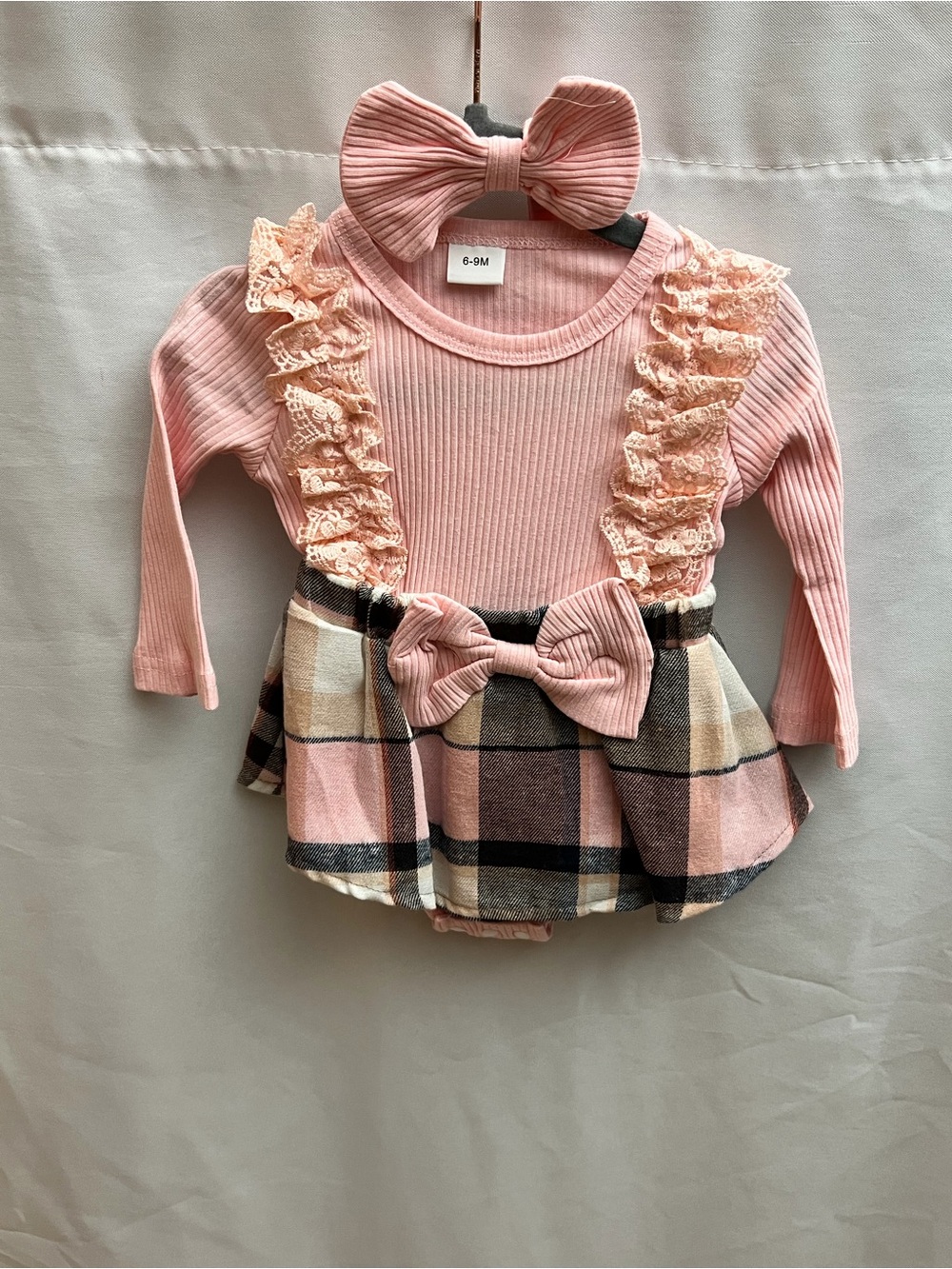 Baby Girl Pink Plaid Lace Ruffle Skirted Romper With Headband 6-9M